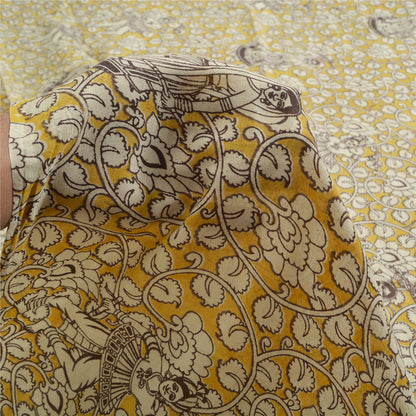 Sanskriti Vintage Sarees Yellow/Ivory HandBlockKalamkari Pure Cotton Sari Sustainable Fabric