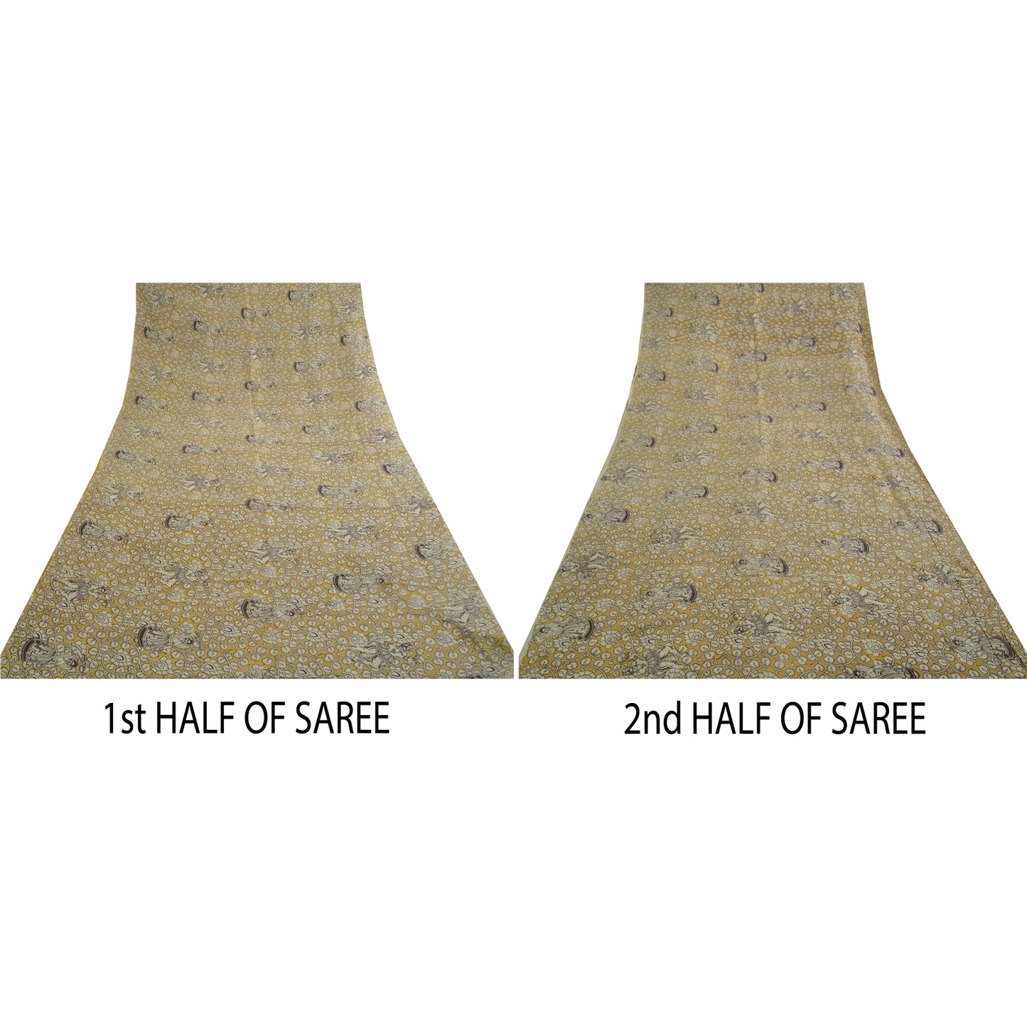 Sanskriti Vintage Sarees Yellow/Ivory HandBlockKalamkari Pure Cotton Sari Sustainable Fabric