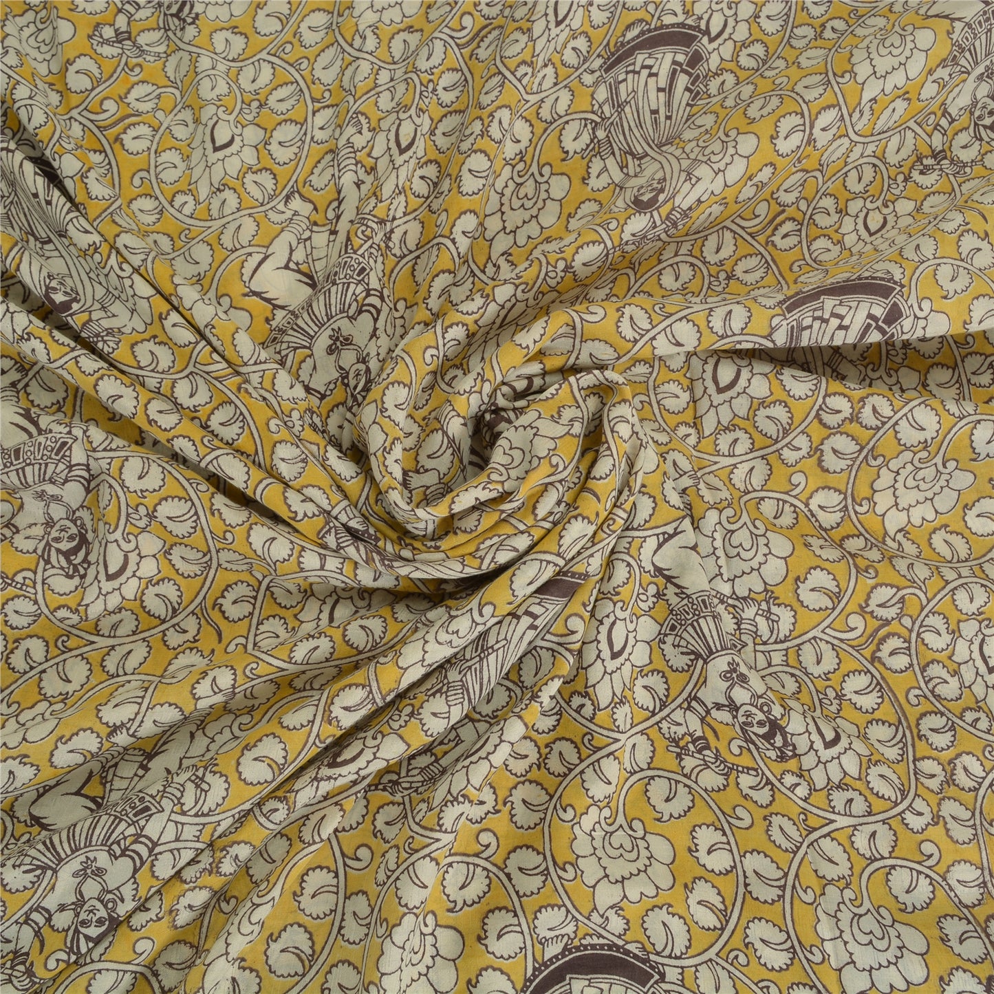 Sanskriti Vintage Sarees Yellow/Ivory HandBlockKalamkari Pure Cotton Sari Sustainable Fabric