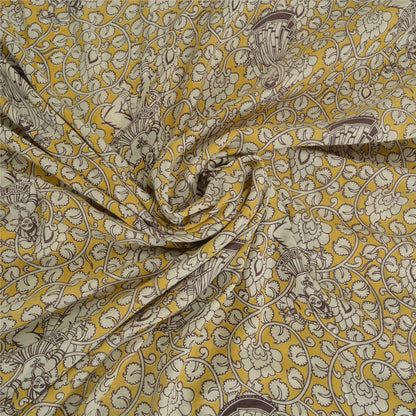 Sanskriti Vintage Sarees Yellow/Ivory HandBlockKalamkari Pure Cotton Sari Sustainable Fabric