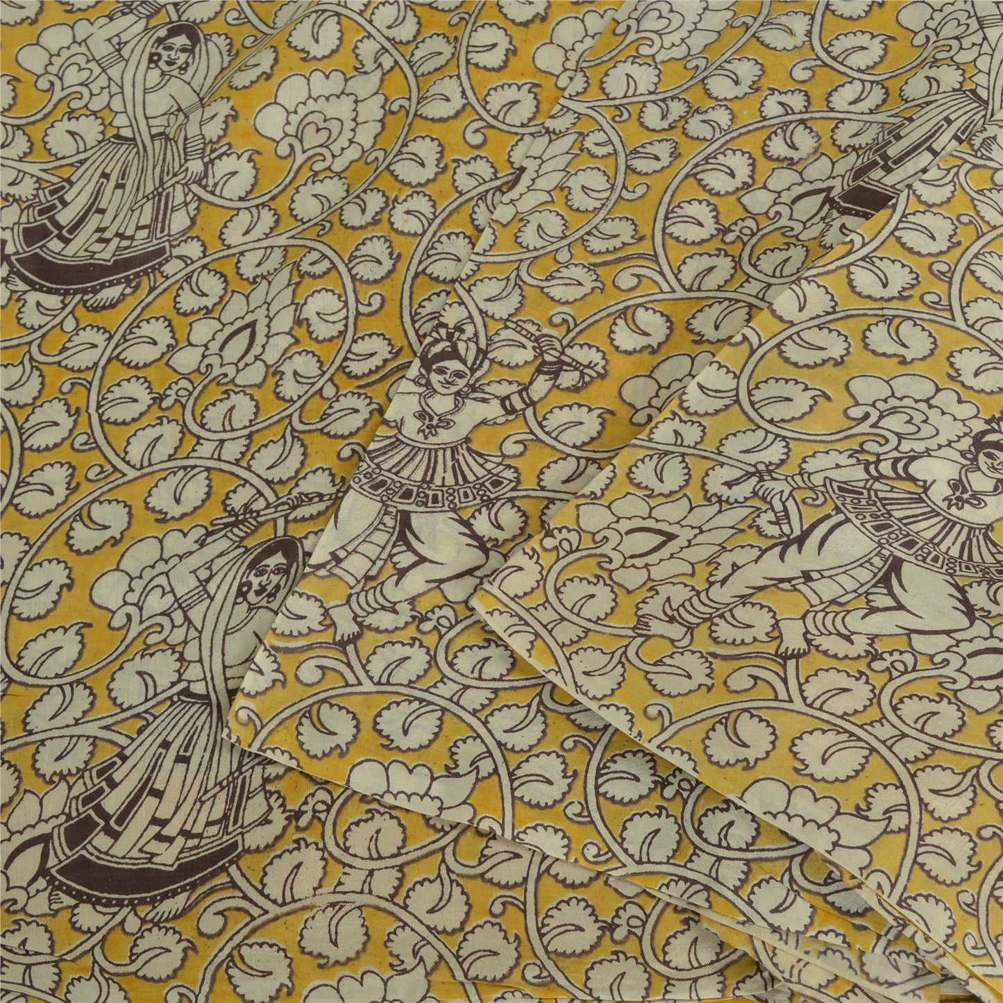 Sanskriti Vintage Sarees Yellow/Ivory HandBlockKalamkari Pure Cotton Sari Sustainable Fabric