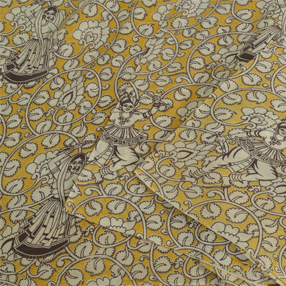 Sanskriti Vintage Sarees Yellow/Ivory HandBlockKalamkari Pure Cotton Sari Sustainable Fabric