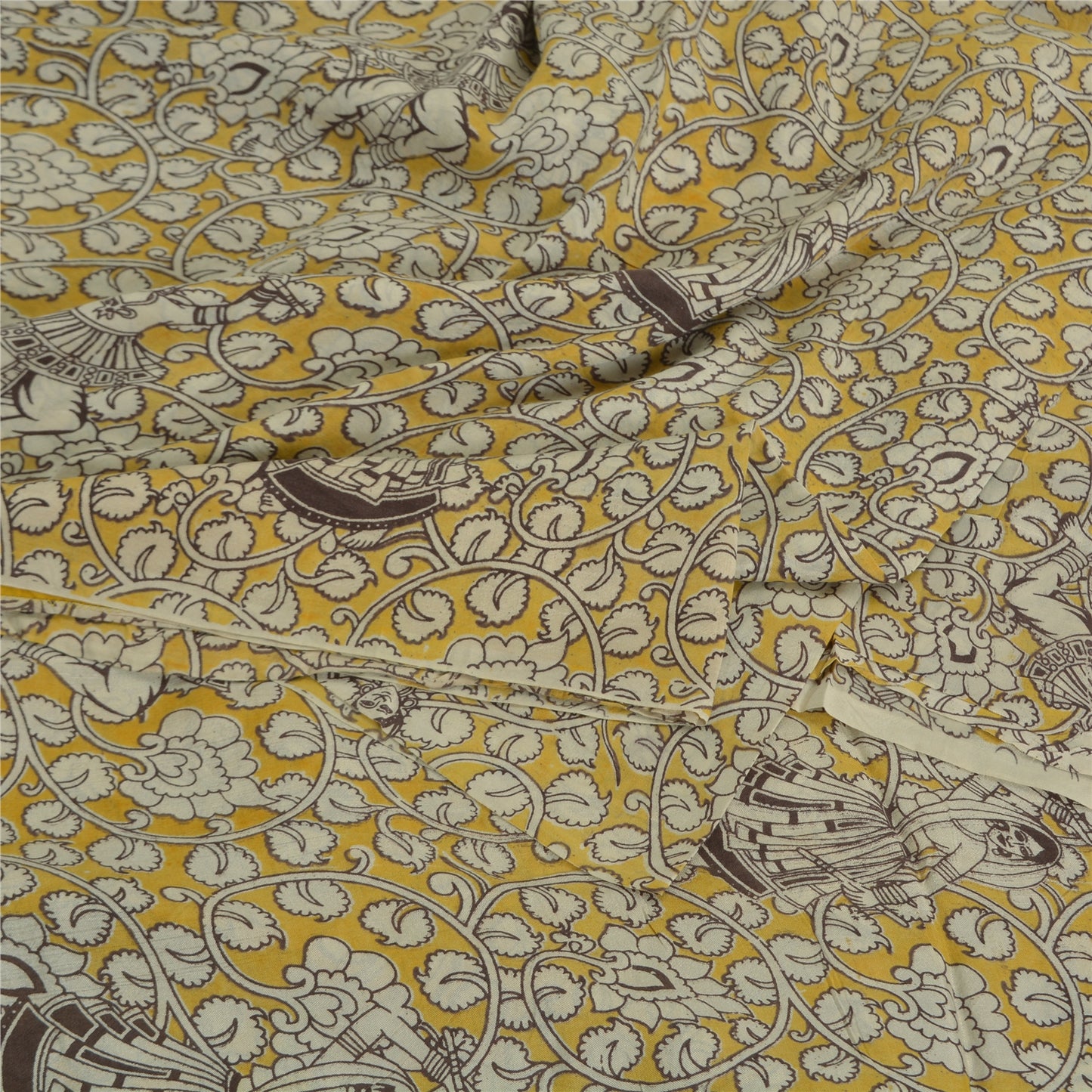 Sanskriti Vintage Sarees Yellow/Ivory HandBlockKalamkari Pure Cotton Sari Sustainable Fabric
