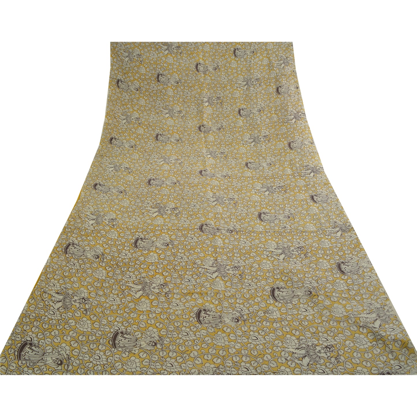 Sanskriti Vintage Sarees Yellow/Ivory HandBlockKalamkari Pure Cotton Sari Sustainable Fabric