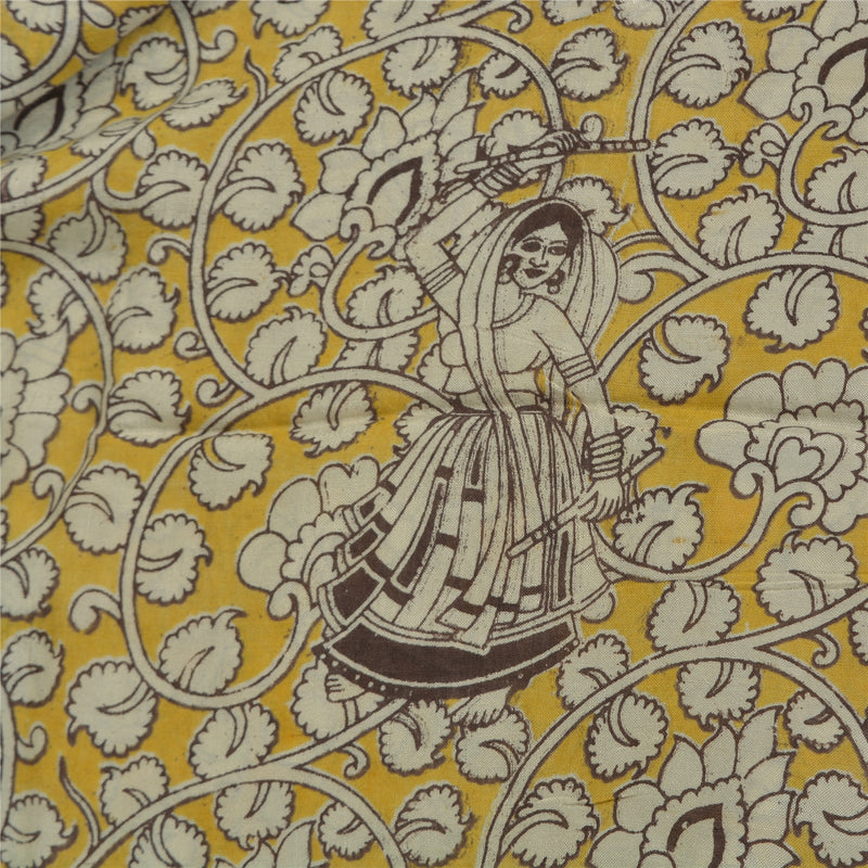 Sanskriti Vintage Sarees Yellow/Ivory HandBlockKalamkari Pure Cotton Sari Sustainable Fabric