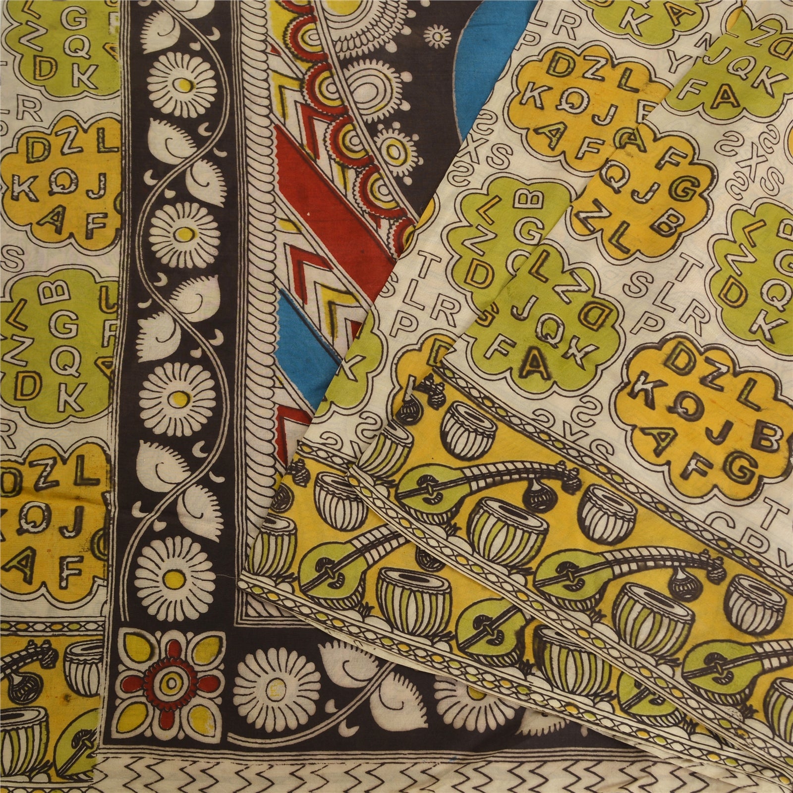 Sanskriti Vintage Sarees Ivory Hand Block Printed Pure Cotton Sari Craft Sustainable Fabric