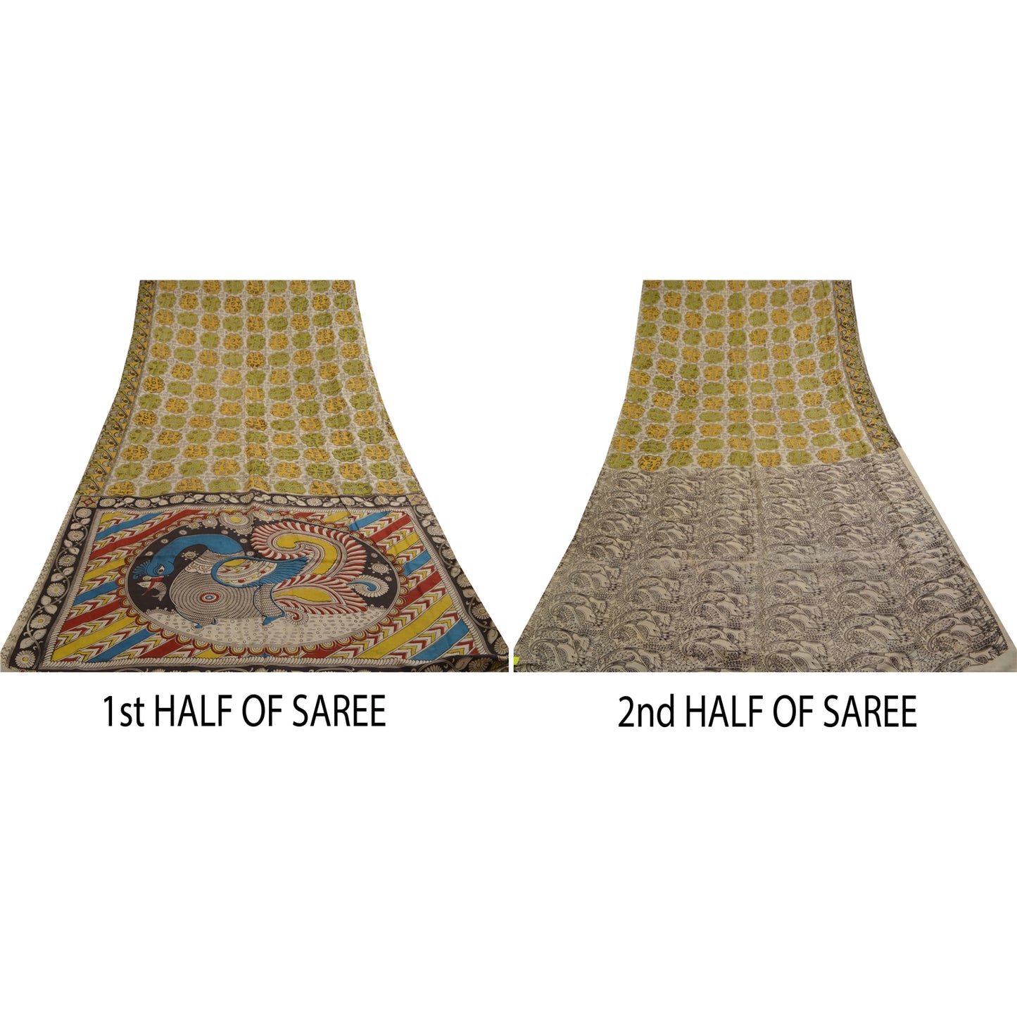 Sanskriti Vintage Sarees Ivory Hand Block Printed Pure Cotton Sari Craft Sustainable Fabric