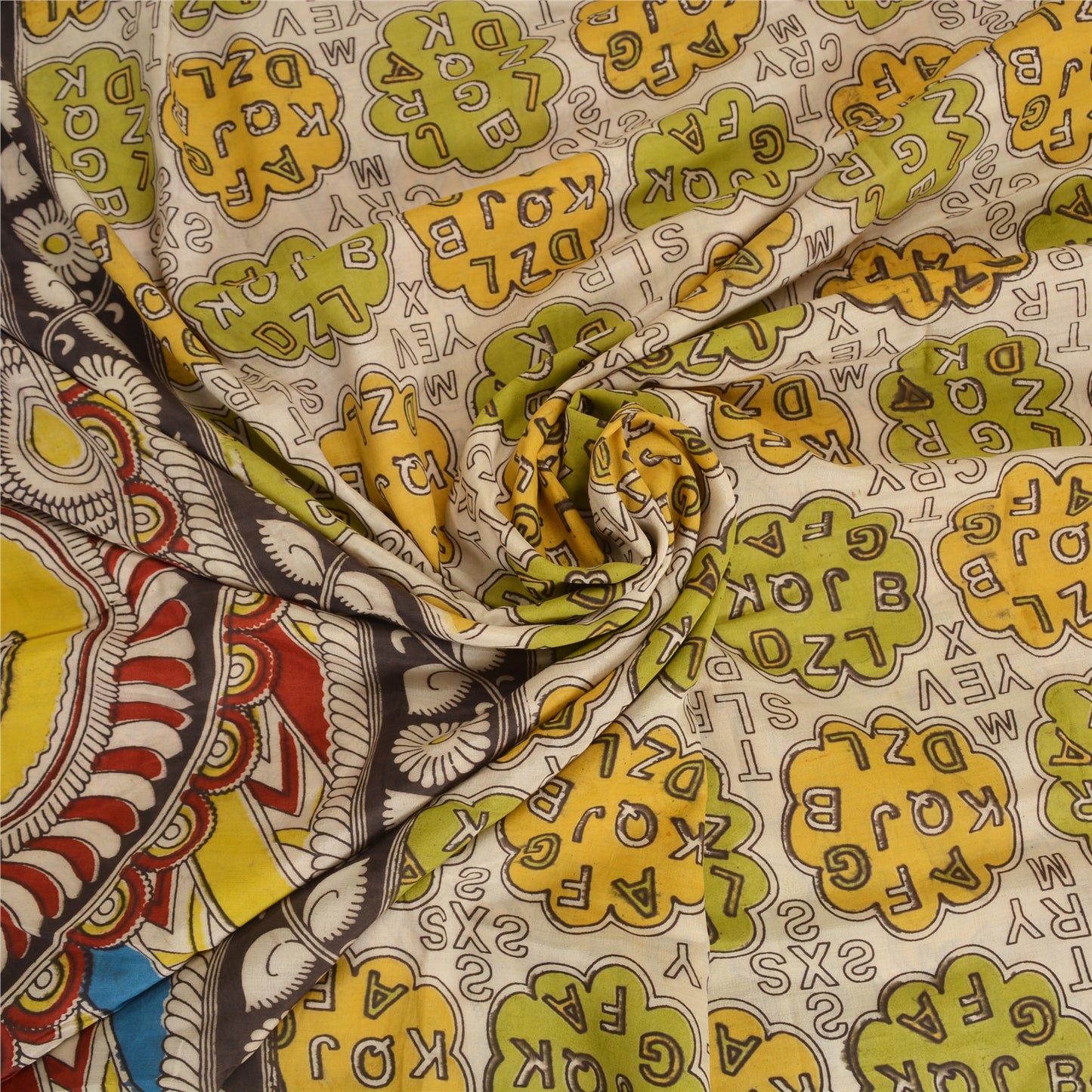 Sanskriti Vintage Sarees Ivory Hand Block Printed Pure Cotton Sari Craft Sustainable Fabric