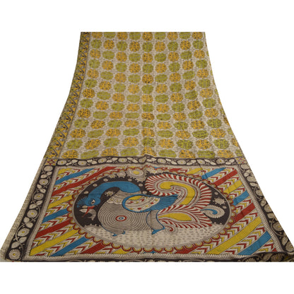 Sanskriti Vintage Sarees Ivory Hand Block Printed Pure Cotton Sari Craft Sustainable Fabric