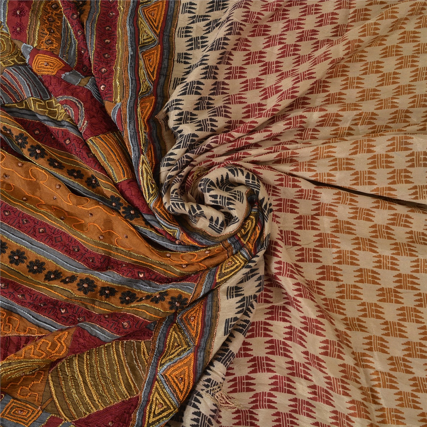 Sanskriti Vintage Sarees Cream Hand Beaded Printed Pure Silk Sari Craft Sustainable Fabric