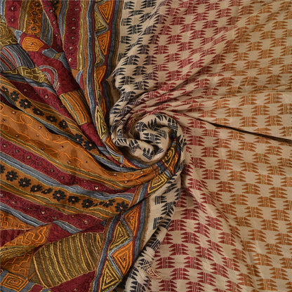 Sanskriti Vintage Sarees Cream Hand Beaded Printed Pure Silk Sari Craft Sustainable Fabric
