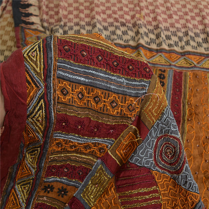 Sanskriti Vintage Sarees Cream Hand Beaded Printed Pure Silk Sari Craft Sustainable Fabric