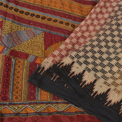 Sanskriti Vintage Sarees Cream Hand Beaded Printed Pure Silk Sari Craft Sustainable Fabric