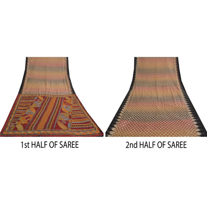 Sanskriti Vintage Sarees Cream Hand Beaded Printed Pure Silk Sari Craft Sustainable Fabric
