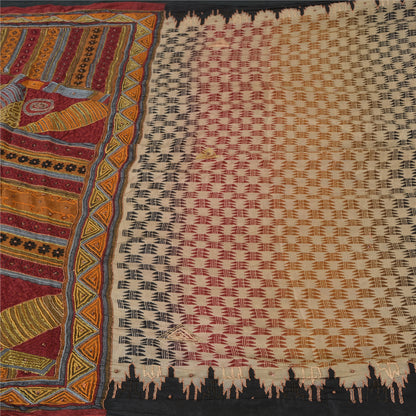 Sanskriti Vintage Sarees Cream Hand Beaded Printed Pure Silk Sari Craft Sustainable Fabric