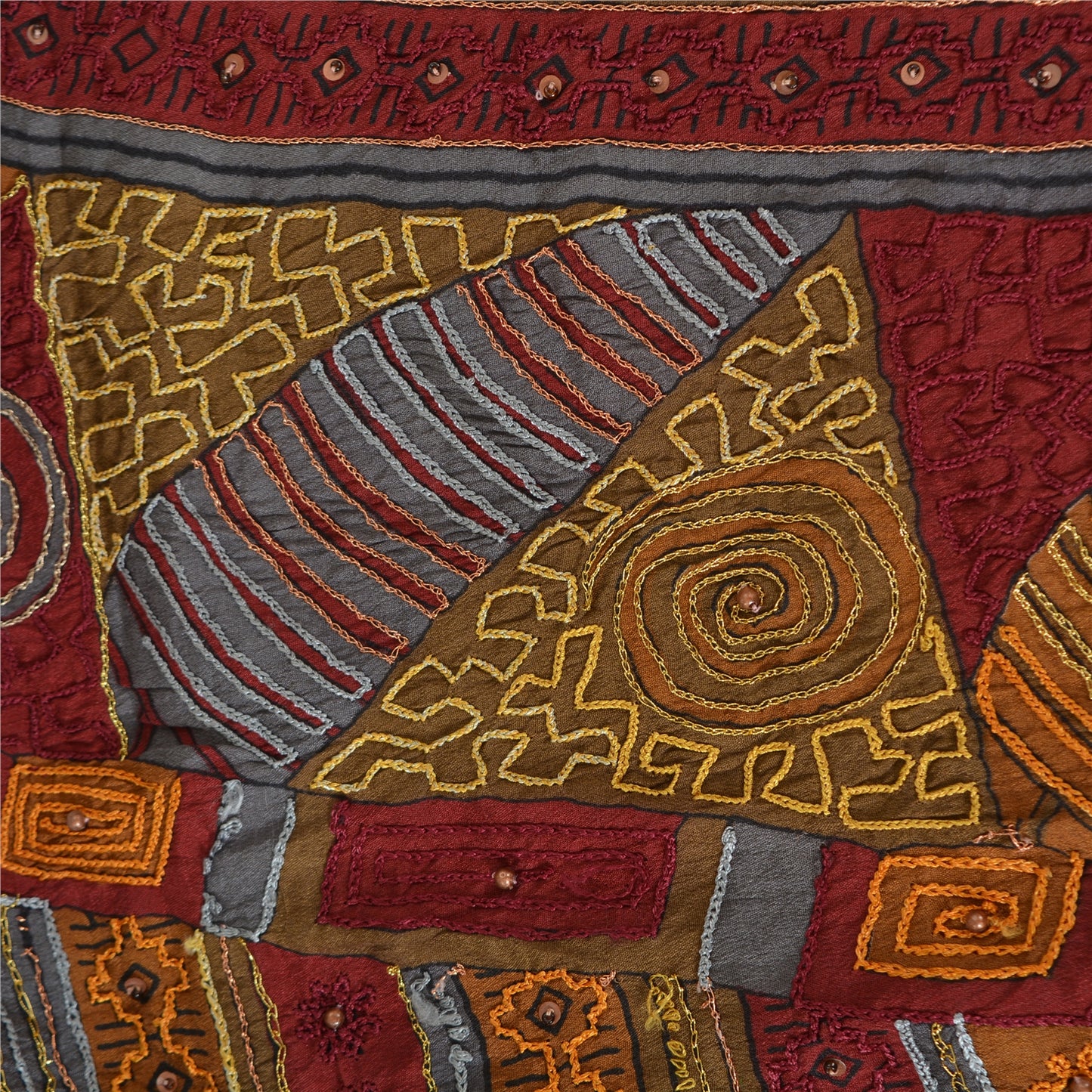 Sanskriti Vintage Sarees Cream Hand Beaded Printed Pure Silk Sari Craft Sustainable Fabric