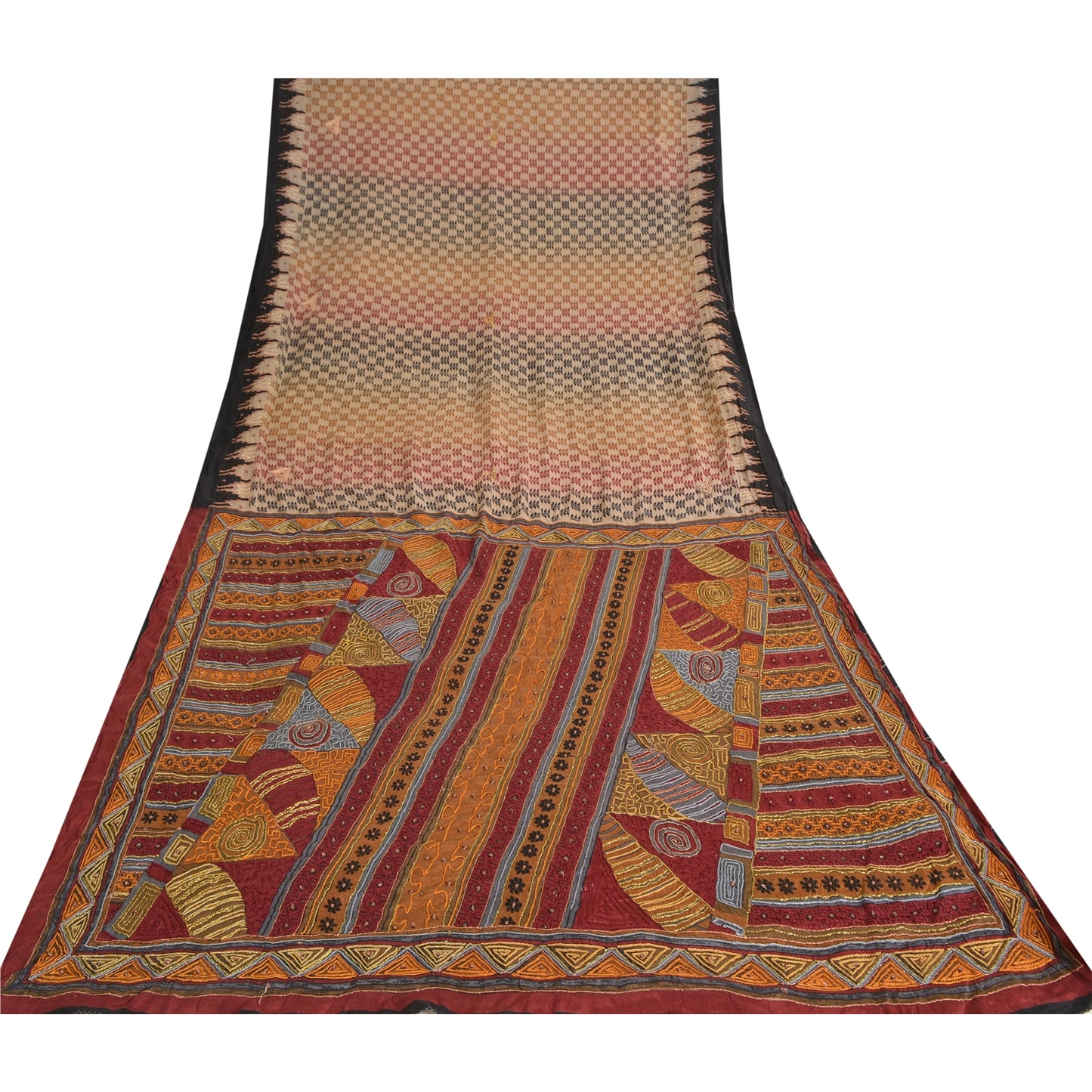 Sanskriti Vintage Sarees Cream Hand Beaded Printed Pure Silk Sari Craft Sustainable Fabric