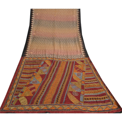 Sanskriti Vintage Sarees Cream Hand Beaded Printed Pure Silk Sari Craft Sustainable Fabric