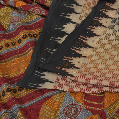 Sanskriti Vintage Sarees Cream Hand Beaded Printed Pure Silk Sari Craft Sustainable Fabric