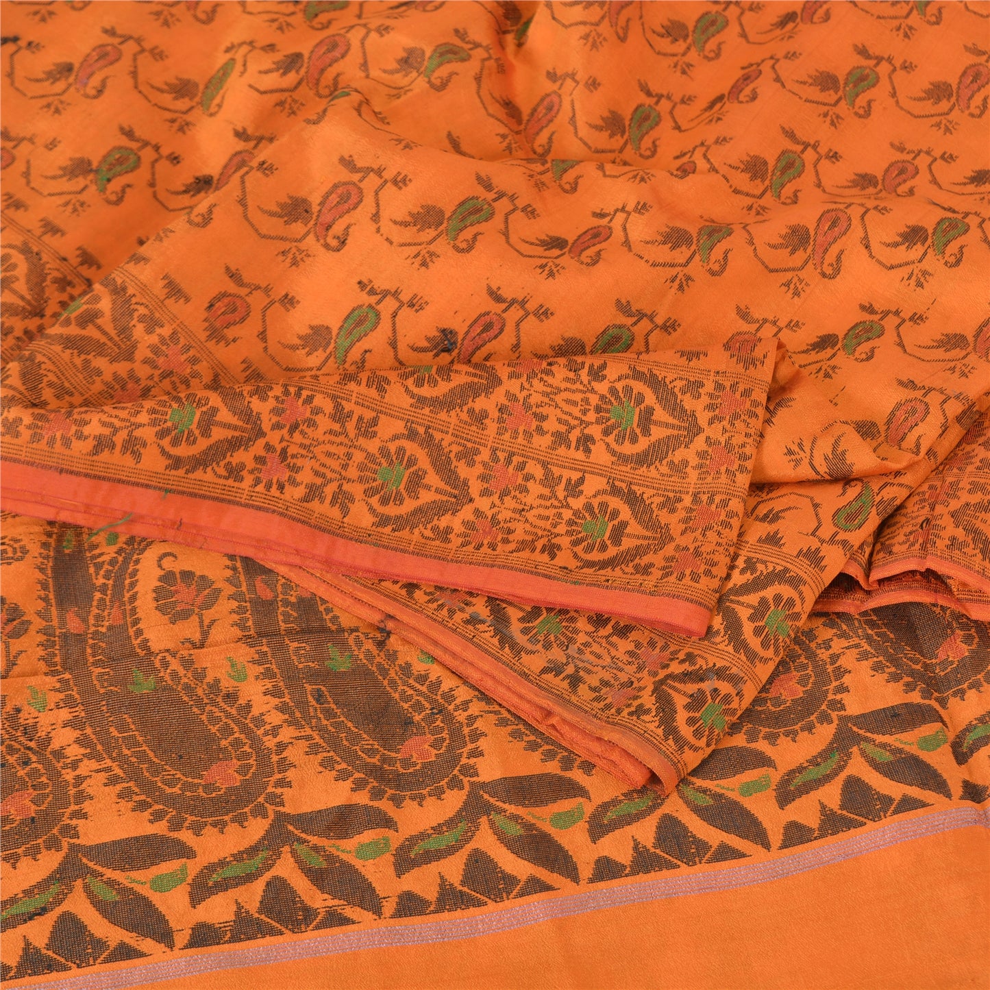 Sanskriti Vintage Sarees Orange Pure Silk Silk Hand Woven Sari 5yd Craft Sustainable Fabric