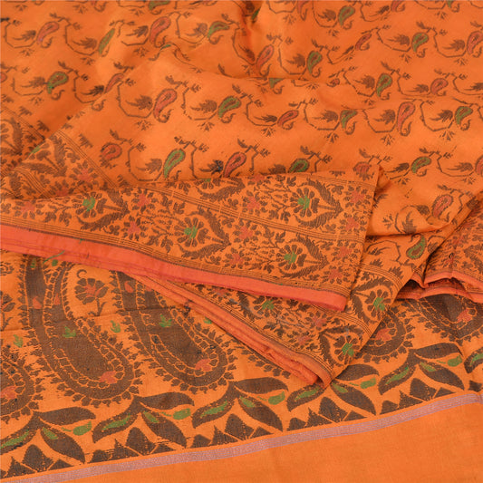 Sanskriti Vintage Sarees Orange Pure Silk Silk Hand Woven Sari 5yd Craft Sustainable Fabric