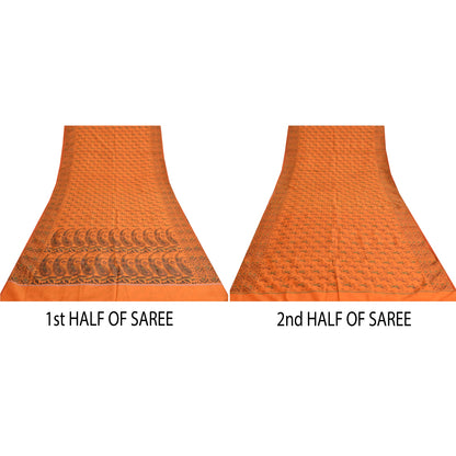 Sanskriti Vintage Sarees Orange Pure Silk Silk Hand Woven Sari 5yd Craft Sustainable Fabric