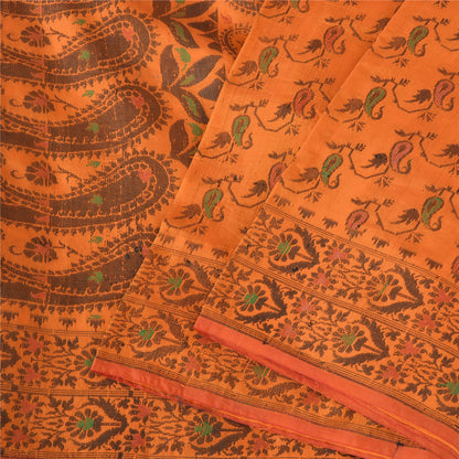 Sanskriti Vintage Sarees Orange Pure Silk Silk Hand Woven Sari 5yd Craft Sustainable Fabric