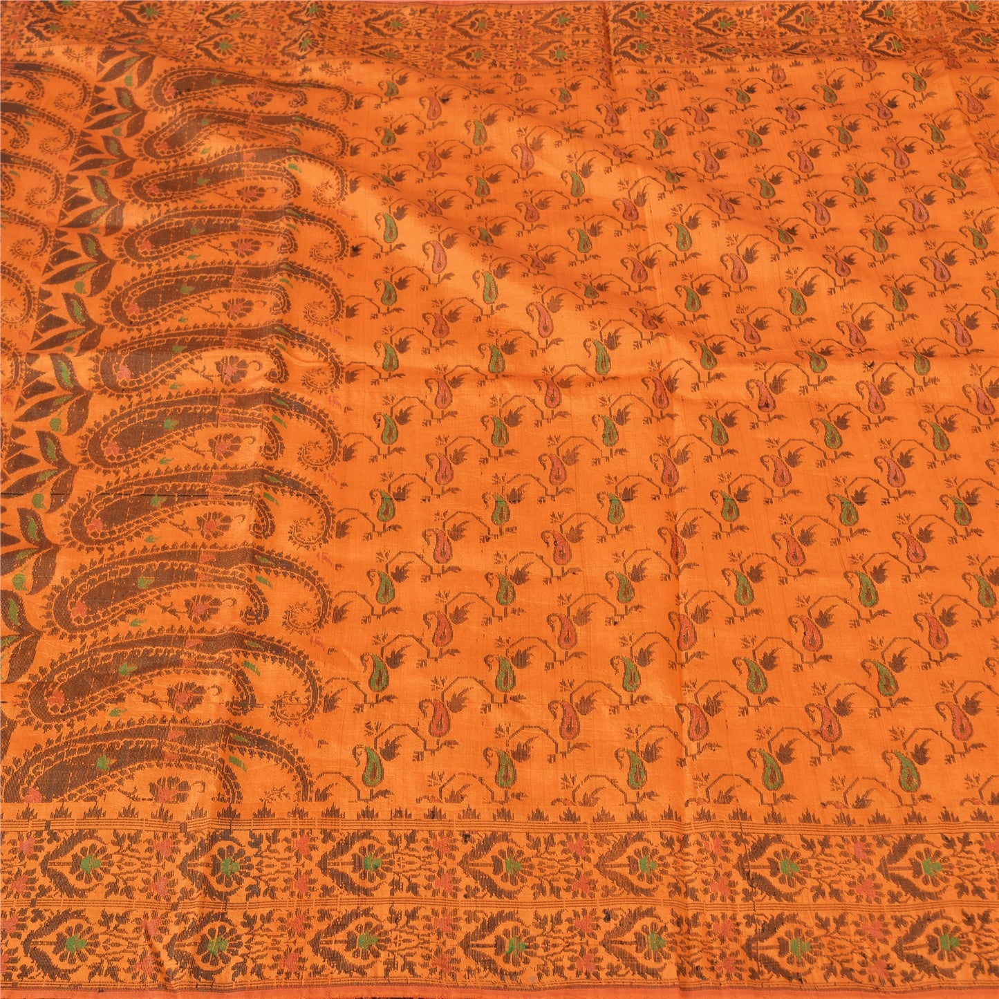 Sanskriti Vintage Sarees Orange Pure Silk Silk Hand Woven Sari 5yd Craft Sustainable Fabric