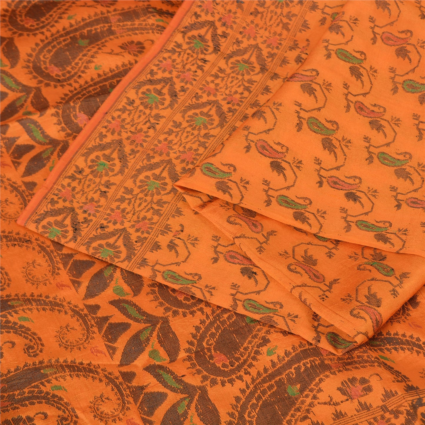 Sanskriti Vintage Sarees Orange Pure Silk Silk Hand Woven Sari 5yd Craft Sustainable Fabric