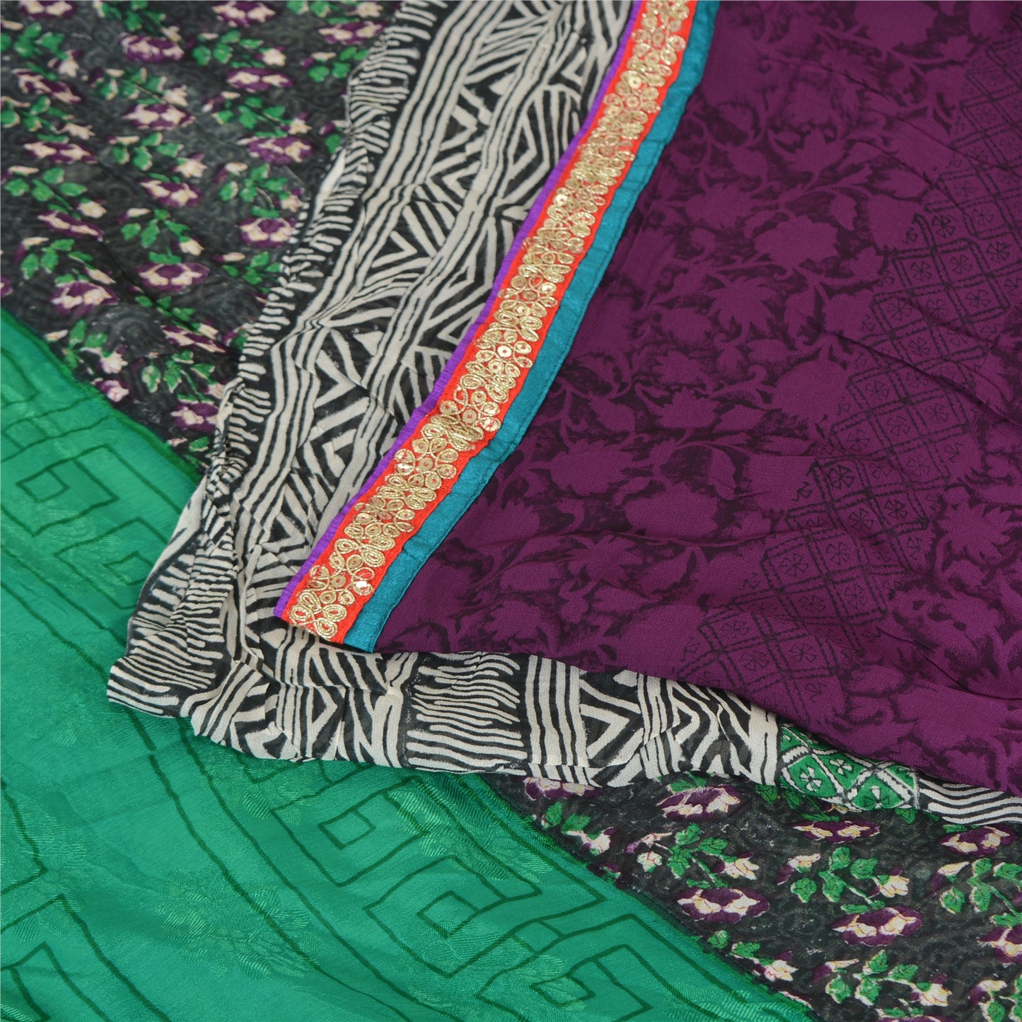 Санскритские винтажные сари из черного смесового жоржета с принтом/тканью для сари из экологически чистой ткани