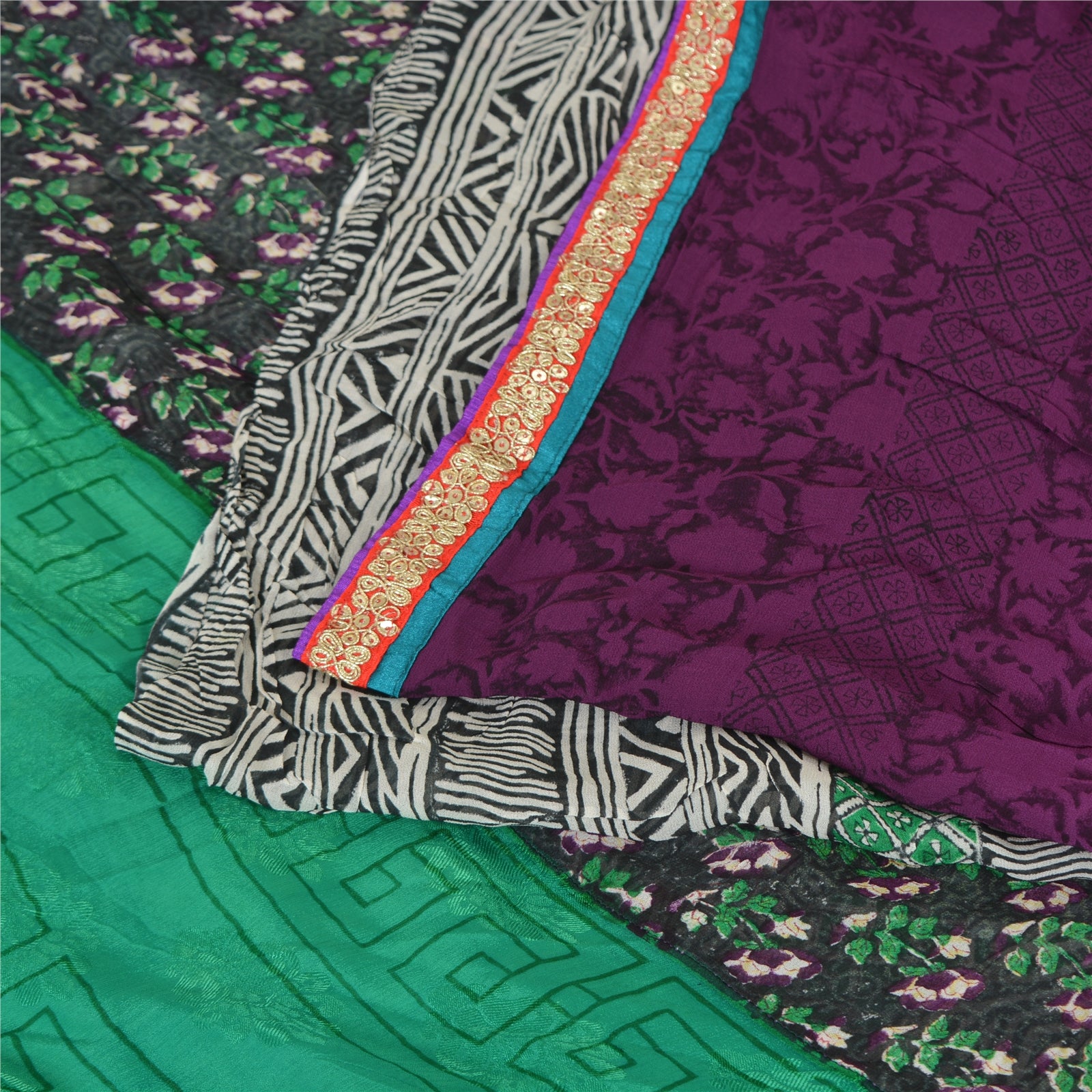 Sanskriti Vintage Saree Multicolor 100% Pure Georgette Silk 5.5+Yd Fabric Saree Printed/Woven Dori Lace Sari For Upcyclers, Eco-Friendly