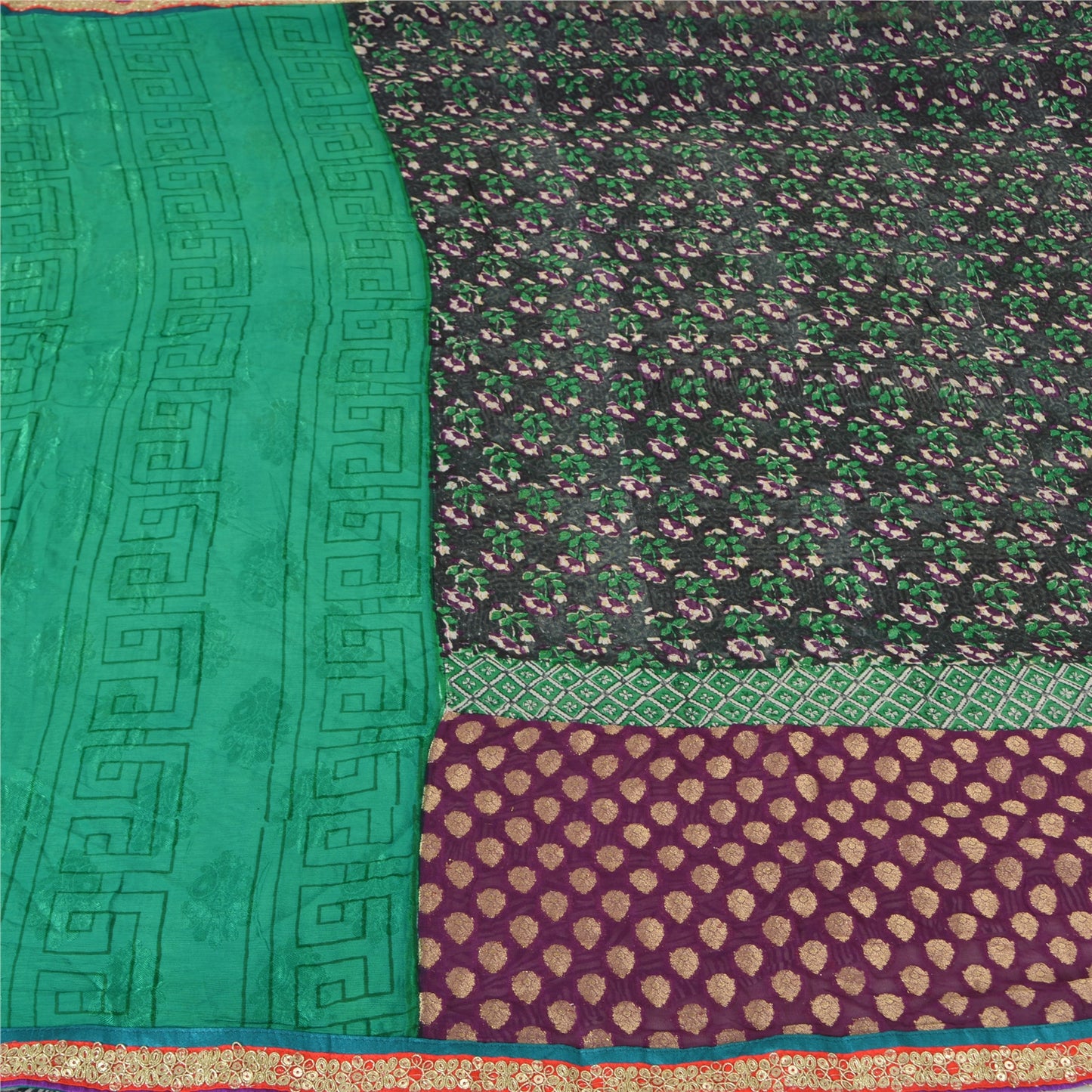 Санскритские винтажные сари из черного смесового жоржета с принтом/тканью для сари из экологически чистой ткани