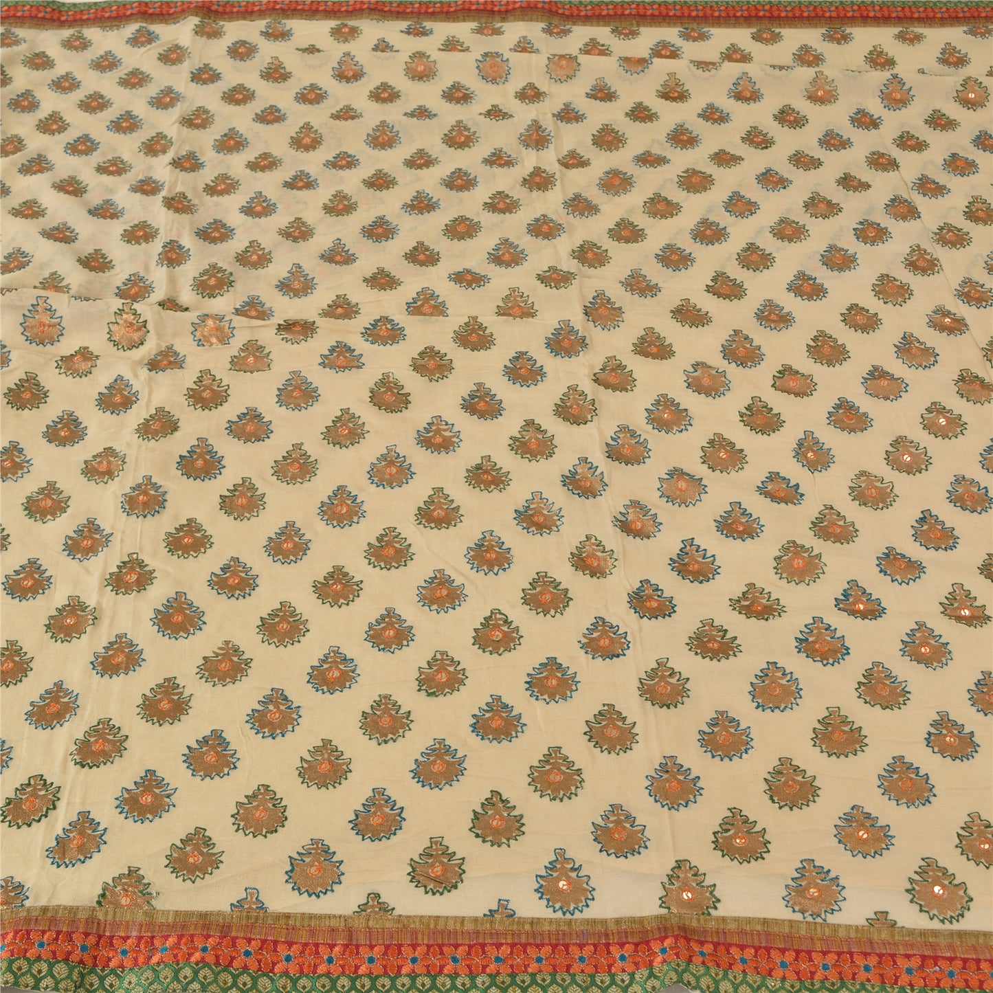 Sanskriti Vintage Sarees Cream Embroidered Pure Georgette Sari 5yd Craft Fabric