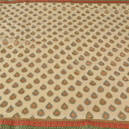 Sanskriti Vintage Sarees Cream Embroidered Pure Georgette Sari 5yd Craft Fabric