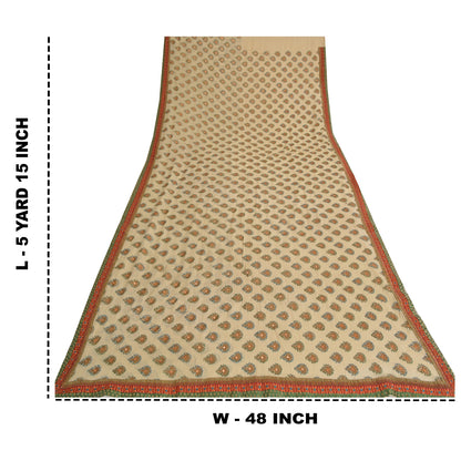 Sanskriti Vintage Sarees Cream Embroidered Pure Georgette Sari 5yd Craft Fabric