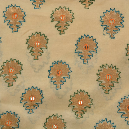 Sanskriti Vintage Sarees Cream Embroidered Pure Georgette Sari 5yd Craft Fabric