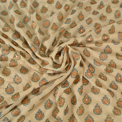 Sanskriti Vintage Sarees Cream Embroidered Pure Georgette Sari 5yd Craft Fabric