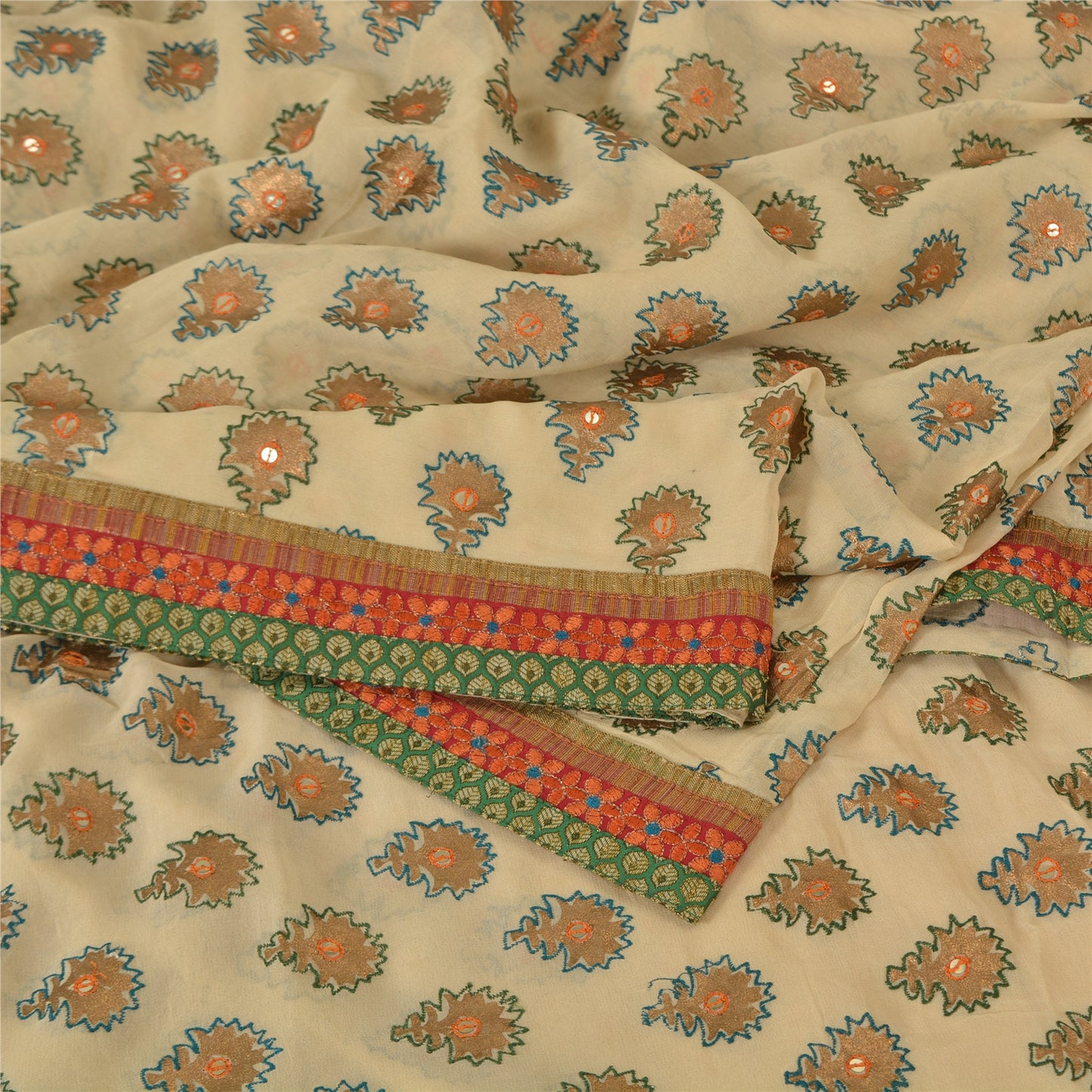 Sanskriti Vintage Sarees Cream Embroidered Pure Georgette Sari 5yd Craft Fabric