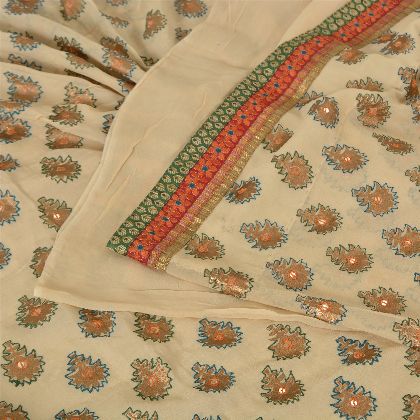 Sanskriti Vintage Sarees Cream Embroidered Pure Georgette Sari 5yd Craft Fabric