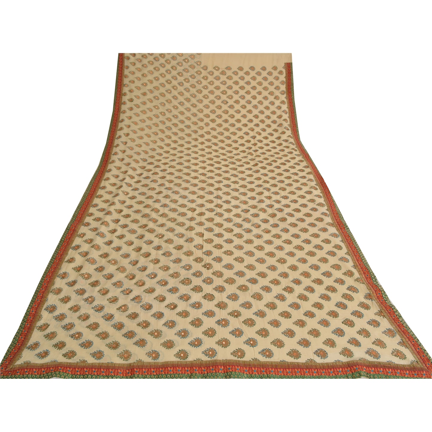 Sanskriti Vintage Sarees Cream Embroidered Pure Georgette Sari 5yd Craft Fabric