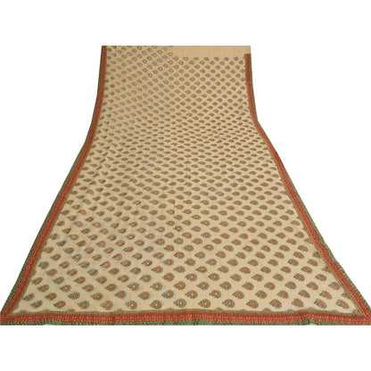 Sanskriti Vintage Sarees Cream Embroidered Pure Georgette Sari 5yd Craft Fabric