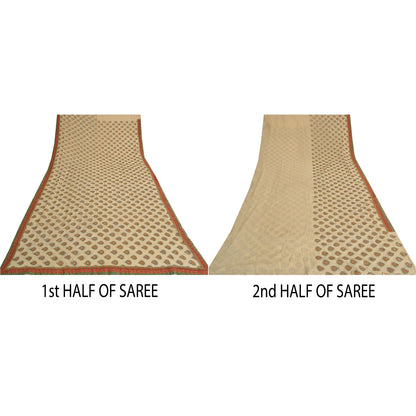 Sanskriti Vintage Sarees Cream Embroidered Pure Georgette Sari 5yd Craft Fabric