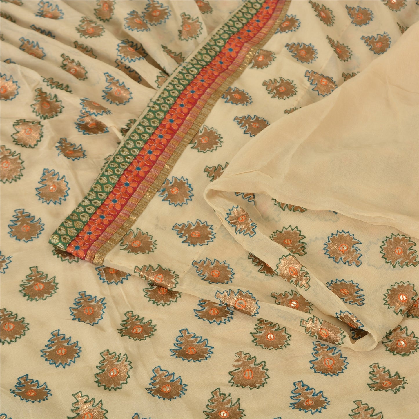 Sanskriti Vintage Sarees Cream Embroidered Pure Georgette Sari 5yd Craft Fabric