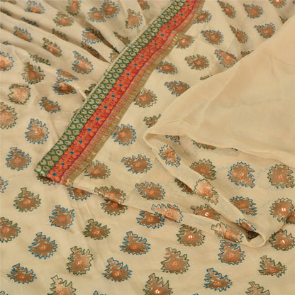 Sanskriti Vintage Sarees Cream Embroidered Pure Georgette Sari 5yd Craft Fabric