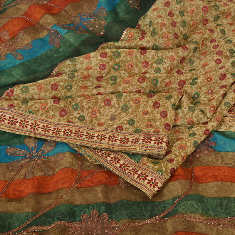 Sanskriti Vintage Sarees Indian Multi Embroiderd Pure Georgette Sari 5yd Sustainable Fabric