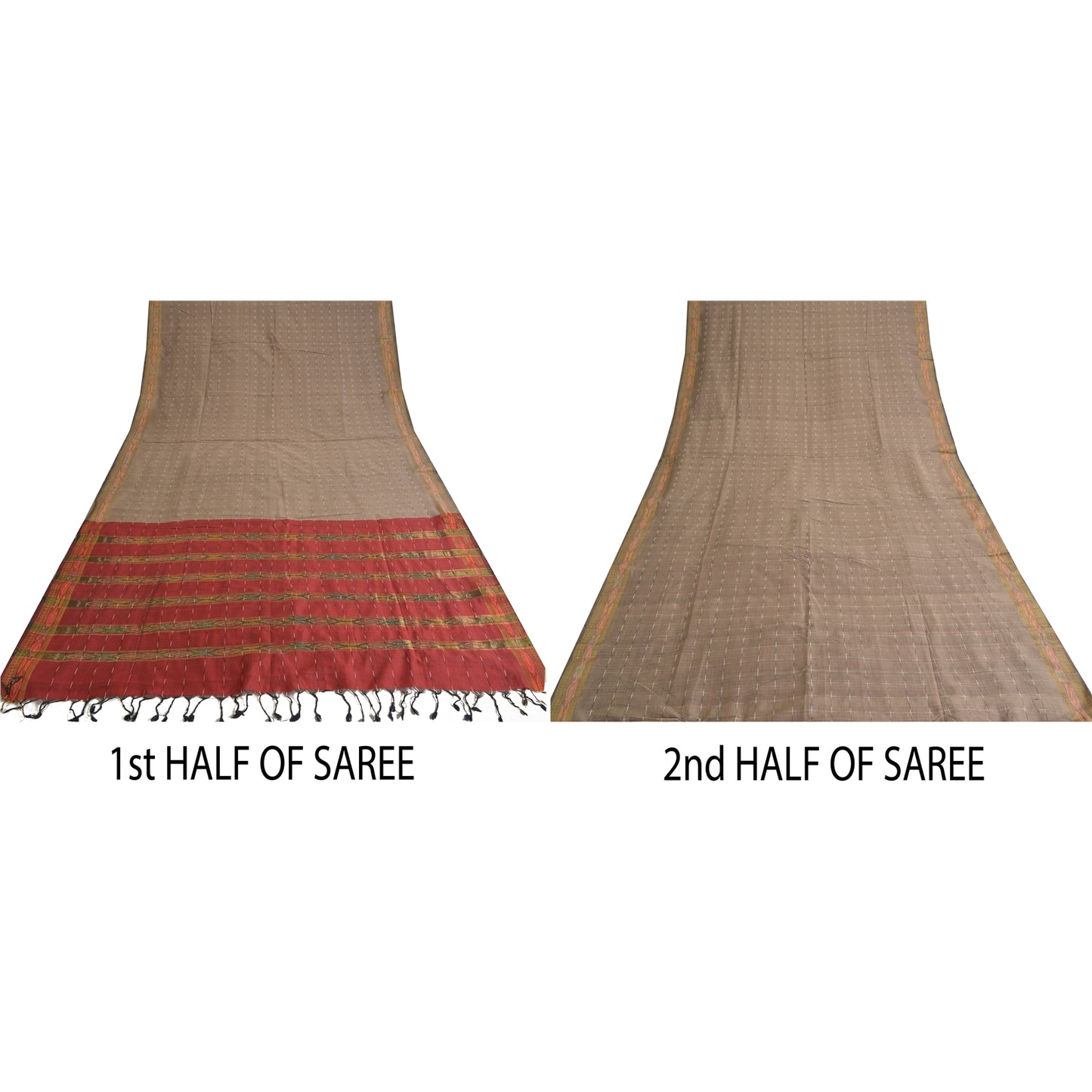 Sanskriti Vintage Sarees Light-Brown Ikat Hand-Woven Cotton Silk Sari 5yd Sustainable Fabric