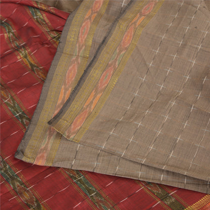Sanskriti Vintage Sarees Light-Brown Ikat Hand-Woven Cotton Silk Sari 5yd Sustainable Fabric