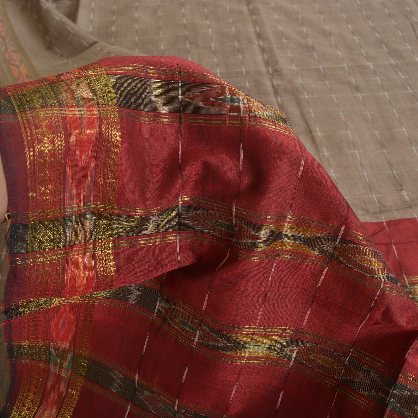 Sanskriti Vintage Sarees Light-Brown Ikat Hand-Woven Cotton Silk Sari 5yd Sustainable Fabric