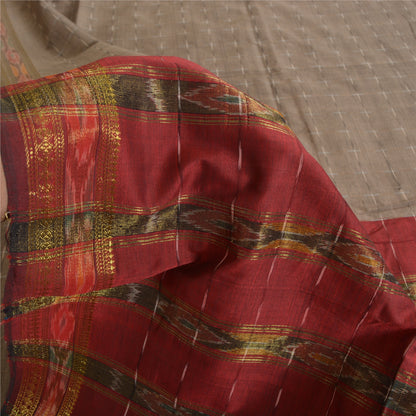 Sanskriti Vintage Sarees Light-Brown Ikat Hand-Woven Cotton Silk Sari 5yd Sustainable Fabric