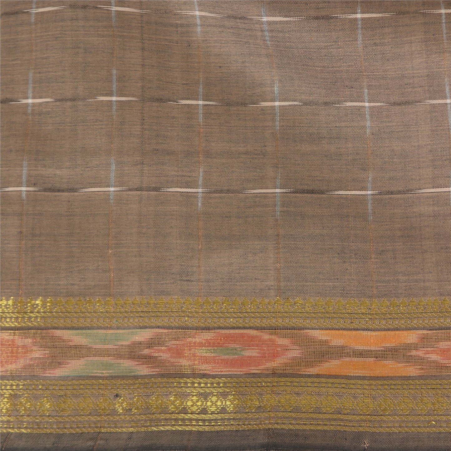 Sanskriti Vintage Sarees Light-Brown Ikat Hand-Woven Cotton Silk Sari 5yd Sustainable Fabric